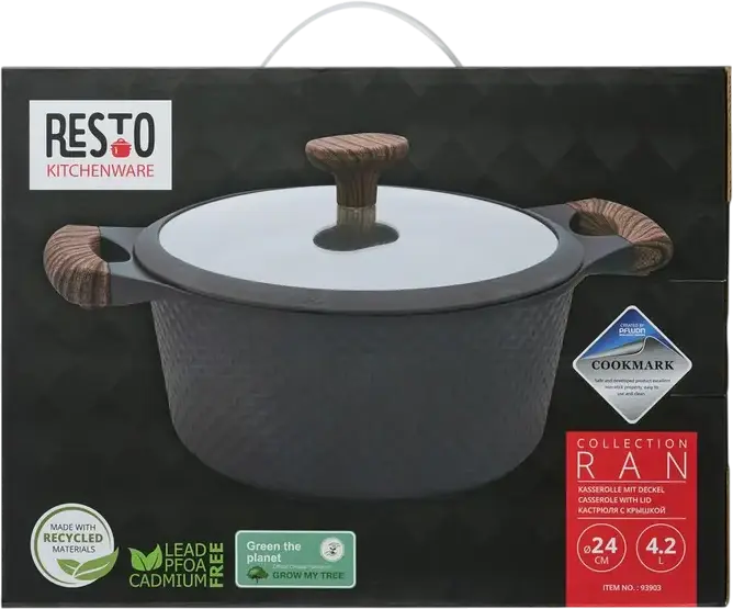Oală RESTO 93903 RAN cu capac de sticlă, 4.2L, 24cm, Aluminiu cu strat neadereant PFLUON, Negru, compatibilă cu plite gaz, electrice și vitroceramice