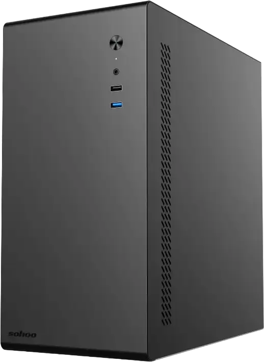 Carcasa Sohoo 6519BK Micro-ATX Mini Tower, Sasiu Metal SPCC/SGCC, Suport Micro-ATX/Mini-ITX, 1x 3.5" HDD, 2x 2.5" SSD, Dimensiuni 343x173x353mm, Negru
