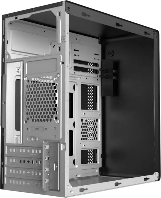 Carcasa Sohoo 6519BK Micro-ATX Mini Tower, Sasiu Metal SPCC/SGCC, Suport Micro-ATX/Mini-ITX, 1x 3.5" HDD, 2x 2.5" SSD, Dimensiuni 343x173x353mm, Negru