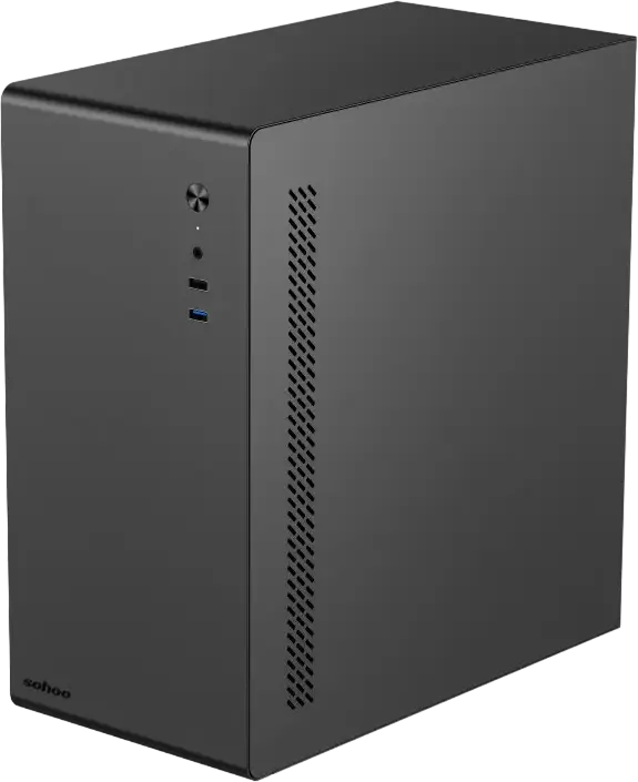 Carcasa Sohoo 6519BK Micro-ATX Mini Tower, Sasiu Metal SPCC/SGCC, Suport Micro-ATX/Mini-ITX, 1x 3.5" HDD, 2x 2.5" SSD, Dimensiuni 343x173x353mm, Negru