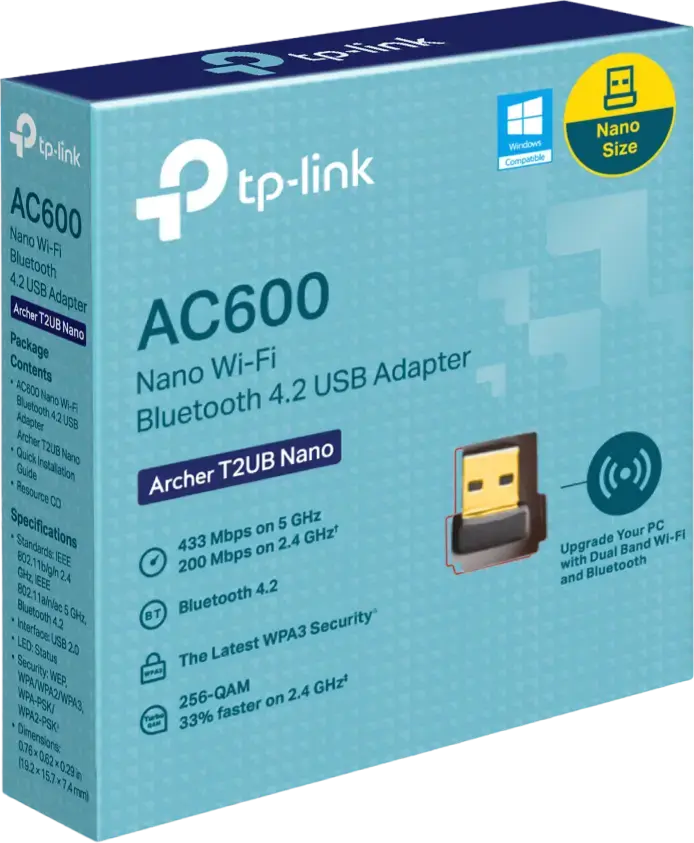 Adaptor TP-Link Archer T2UB Nano USB Wi-Fi AC600 și Bluetooth 4.2, Dual Band 433Mbps (5GHz) + 200Mbps (2.4GHz), Securitate WPA3, compatibil Windows 11/10
