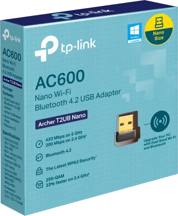 Adaptor TP-Link Archer T2UB Nano USB Wi-Fi AC600 și Bluetooth 4.2, Dual Band 433Mbps (5GHz) + 200Mbps (2.4GHz), Securitate WPA3, compatibil Windows 11/10