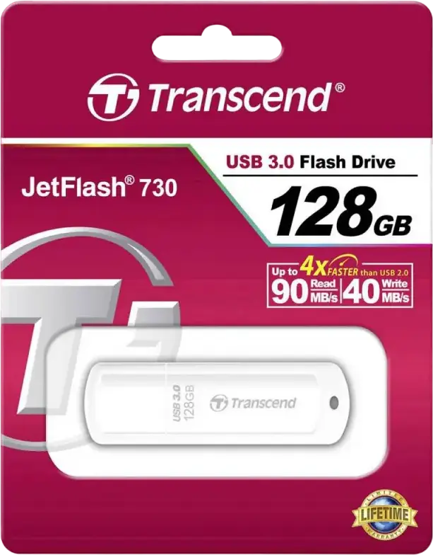 Stick USB Transcend JetFlash 730 128 GB USB 3.1 Gen 1, Interfață USB Type-A, Viteza de Citire până la 90MB/s, Corp de Plastic Alb cu Capac, Software Transcend Elite