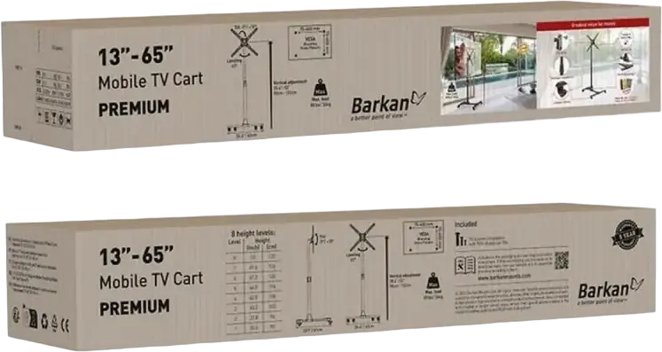 Barkan SW310H Mobile TV Cart for 13"-65" Screens, Height Adjustable 90-132 cm, Tilt 0-10°, VESA up to 400x400mm, Max Load 36kg, Black