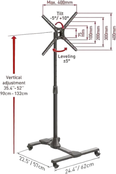 Barkan SW310H Mobile TV Cart for 13"-65" Screens, Height Adjustable 90-132 cm, Tilt 0-10°, VESA up to 400x400mm, Max Load 36kg, Black