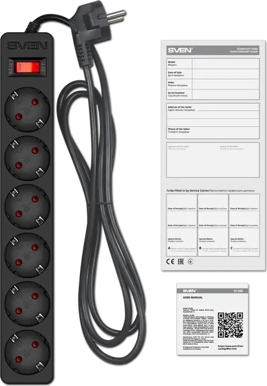 SVEN SF-06E Surge Protector Power Strip, 6 Sockets Schuko CEE 7/7, 3m Cable, 2300W Max Load, Fire-Resistant Housing, Black