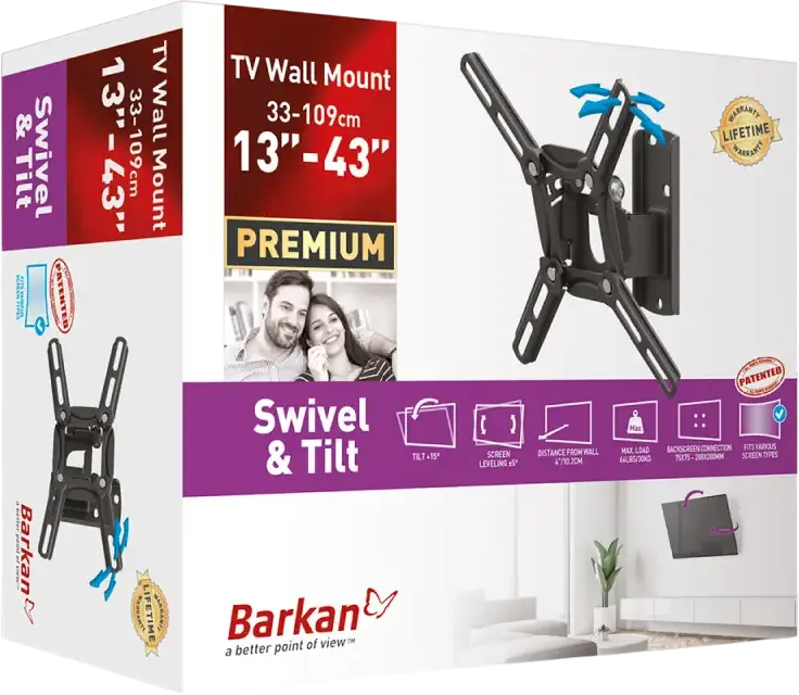 Suport TV de perete Barkan 2200 cu rotire si inclinare pentru ecrane 13-43 inch, VESA 75x75 pana la 200x200mm, Suporta 30kg, Metal Negru, Garantie pe Viata