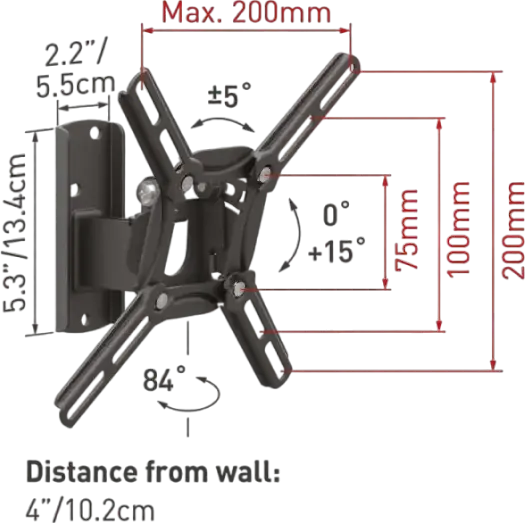 Suport TV de perete Barkan 2200 cu rotire si inclinare pentru ecrane 13-43 inch, VESA 75x75 pana la 200x200mm, Suporta 30kg, Metal Negru, Garantie pe Viata