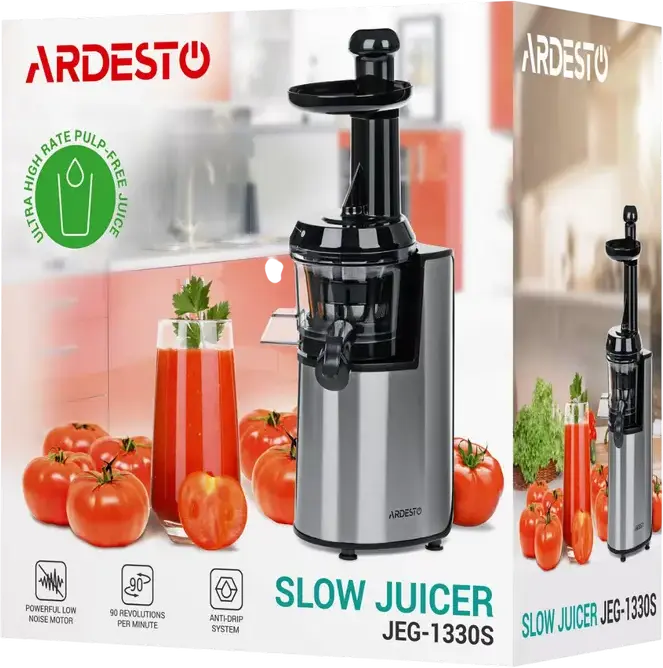 Ardesto JEG-1330S Slow Masticating Juicer, 200W, 90 rpm, Stainless Steel & Polycarbonate, 0.6L Containers, Reverse Function, Silver/Black