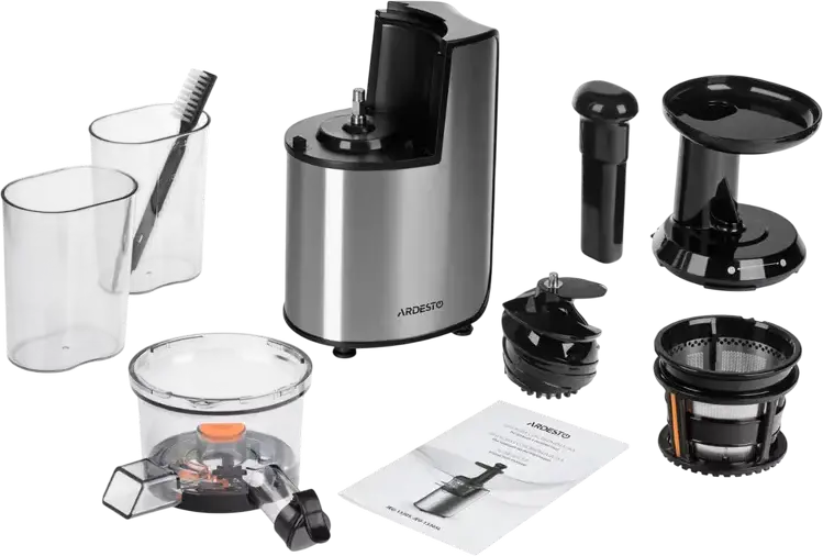 Ardesto JEG-1330S Slow Masticating Juicer, 200W, 90 rpm, Stainless Steel & Polycarbonate, 0.6L Containers, Reverse Function, Silver/Black