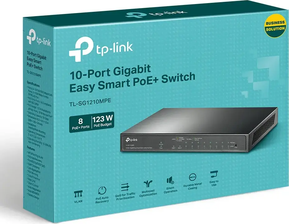 Сетевой коммутатор TP-Link TL-SG1210MPE Gigabit Easy Smart PoE+, 10 портов, 8x PoE+ (30Вт/порт, бюджет 123Вт), 1x SFP слот, VLAN, QoS, металлический корпус
