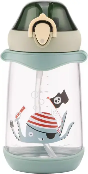 Ardesto AR2250PO Octopus Kids Water Bottle, 500ml Plastic Bottle with Latch-Lock Lid, Drinking Valve, Measuring Scale and Carrying Strap, Green