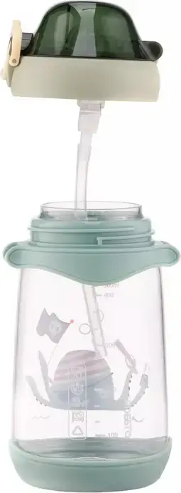 Ardesto AR2250PO Octopus Kids Water Bottle, 500ml Plastic Bottle with Latch-Lock Lid, Drinking Valve, Measuring Scale and Carrying Strap, Green