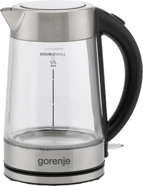 Gorenje K17GDWII Electric Kettle, 1.7L, 2200W, Double Wall Glass and Stainless Steel Body, LED Illumination, Strix Control, Boil-Dry Protection, Grey