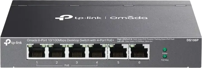 Switch Desktop Neadministrat TP-Link DS106P Omada, 6 Porturi 10/100Mbps, 4 Porturi PoE+ Budget 67W, Mod Extend 250m, Auto Recovery, Carcasă Metalică
