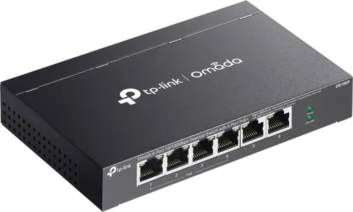 Switch Desktop Neadministrat TP-Link DS106P Omada, 6 Porturi 10/100Mbps, 4 Porturi PoE+ Budget 67W, Mod Extend 250m, Auto Recovery, Carcasă Metalică