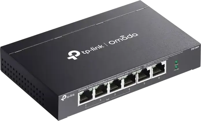 Switch Desktop Neadministrat TP-Link DS106P Omada, 6 Porturi 10/100Mbps, 4 Porturi PoE+ Budget 67W, Mod Extend 250m, Auto Recovery, Carcasă Metalică