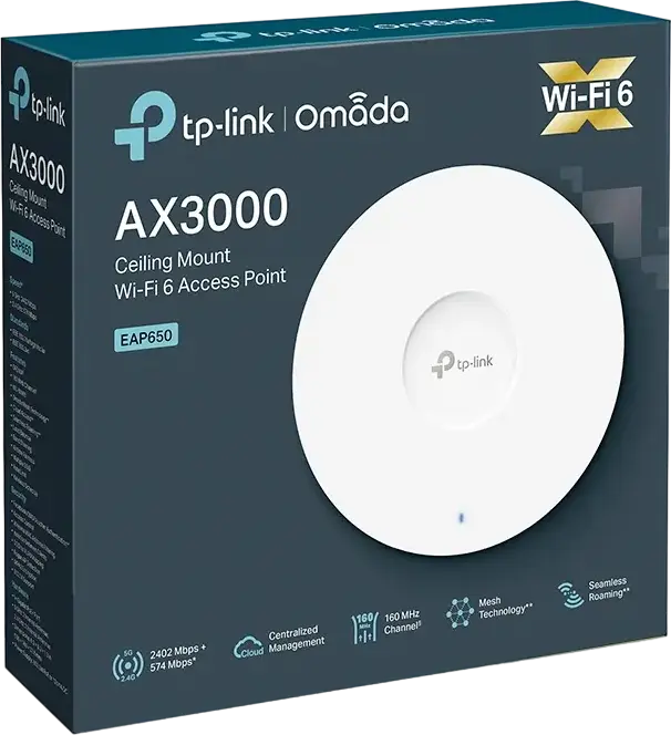 TP-Link EAP650 AX3000 Ceiling Mount WiFi 6 Access Point, Dual-Band 2976 Mbps, 160 MHz, Gigabit PoE+, Omada SDN, MU-MIMO, WPA3, White