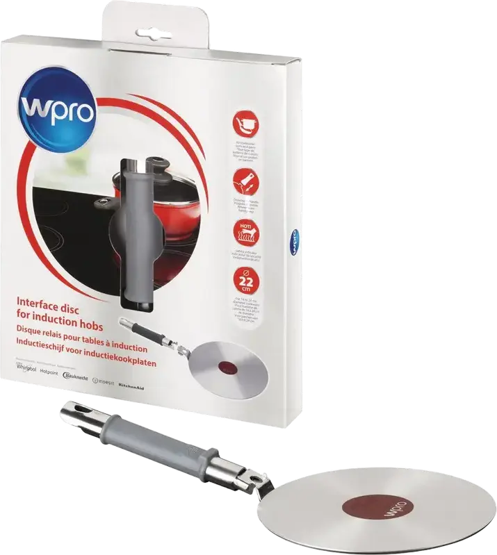 Whirlpool Wpro 484000008676 Induction Interface Disc, 22 cm Stainless Steel Adapter for Non-Induction Cookware, Detachable Handle, Silver