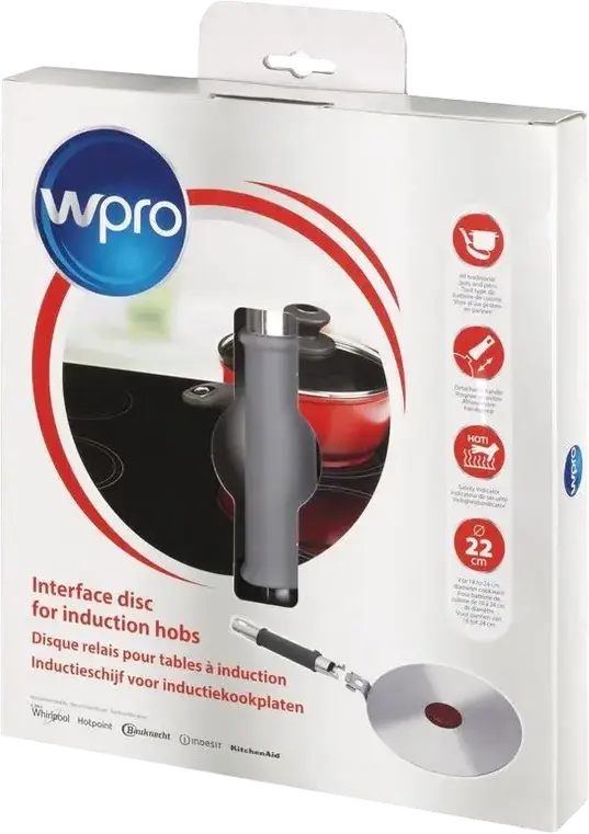 Whirlpool Wpro 484000008676 Induction Interface Disc, 22 cm Stainless Steel Adapter for Non-Induction Cookware, Detachable Handle, Silver