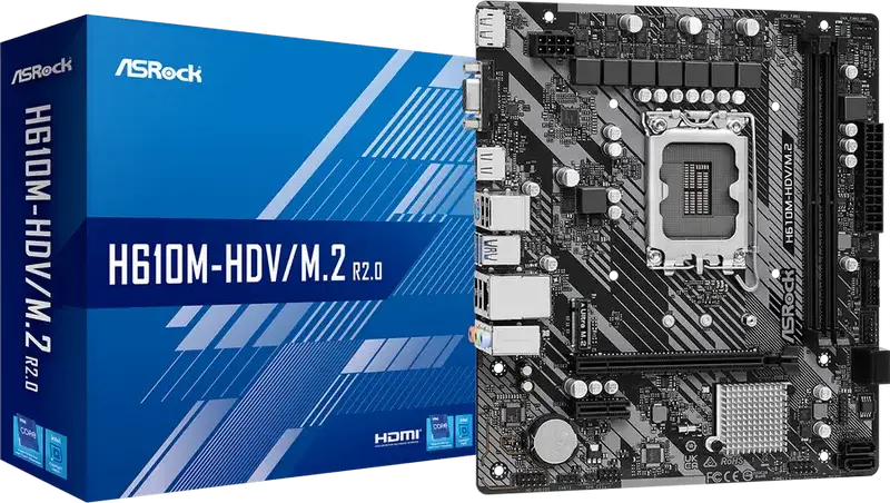 Placa de baza ASRock H610M-HDV/M.2 R2.0 Micro-ATX LGA1700 Chipset Intel H610 DDR4 3200MHz 64GB RAM PCIe 4.0 Ultra M.2 HDMI DisplayPort VGA