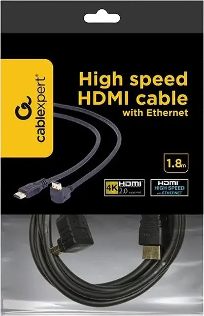 Кабель HDMI Cablexpert CC-HDMI490-6 High-Speed с Ethernet, 4K UHD @60Hz, 18Гбит/с, позолоченные коннекторы, Г-образный разъем 90 градусов, 1.8м, черный