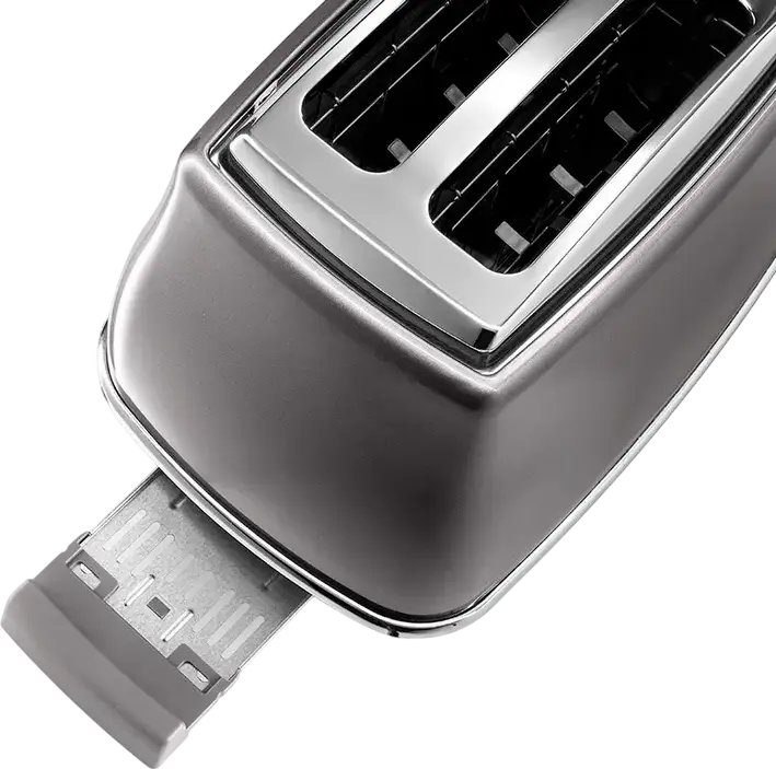 Prăjitor de pâine DeLonghi Icona Metallics CTOT 2103 GY, 2 fante, 900W, Corp Metalic, 6 nivele de prăjire, Funcții Defrost și Reheat, Gri, cu Palet Detașabil