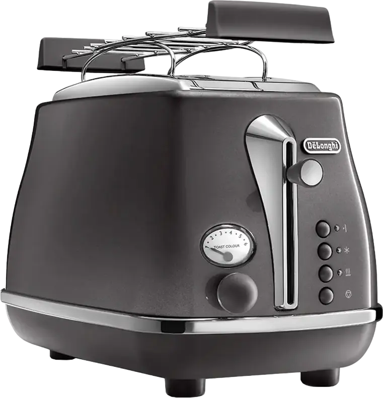 Prăjitor de pâine DeLonghi Icona Metallics CTOT 2103 GY, 2 fante, 900W, Corp Metalic, 6 nivele de prăjire, Funcții Defrost și Reheat, Gri, cu Palet Detașabil