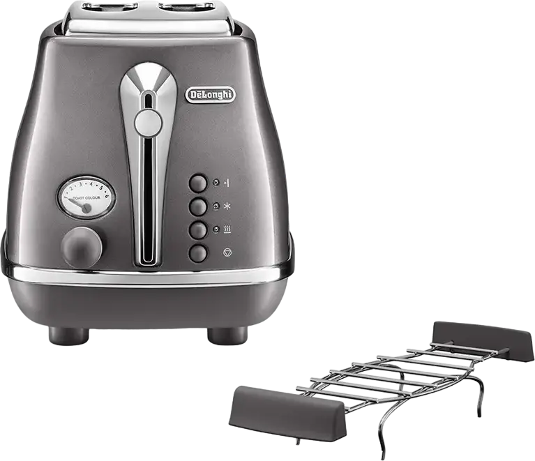 Prăjitor de pâine DeLonghi Icona Metallics CTOT 2103 GY, 2 fante, 900W, Corp Metalic, 6 nivele de prăjire, Funcții Defrost și Reheat, Gri, cu Palet Detașabil