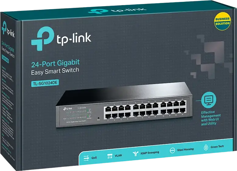 Коммутатор TP-Link TL-SG1024DE Easy Smart 24 порта Gigabit, металлический корпус для стойки, поддержка VLAN, QoS, IGMP Snooping, Green Technology, 10/100/1000 Мбит/с