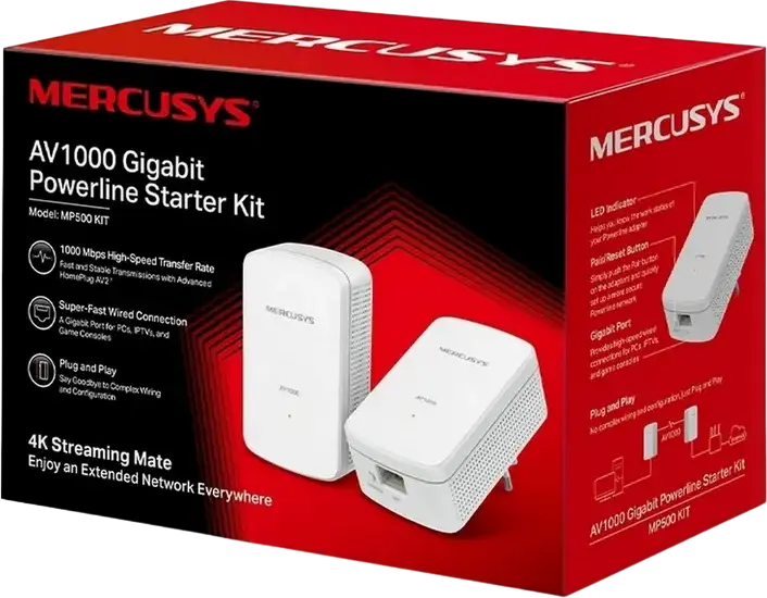 Kit Adaptor Powerline Mercusys MP500 KIT AV2 1000 Mbps Port Gigabit Ethernet Plug & Play pentru Streaming 4K Alb