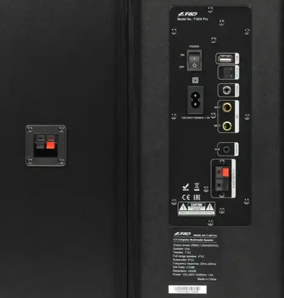 F&D T-60X PRO 2.0 CH Floor-standing Audio System, 3-Way Speakers, 140W RMS, Bluetooth 5.0, NFC, Optical Input, FM Radio, USB, SD Card, LED Display, Black