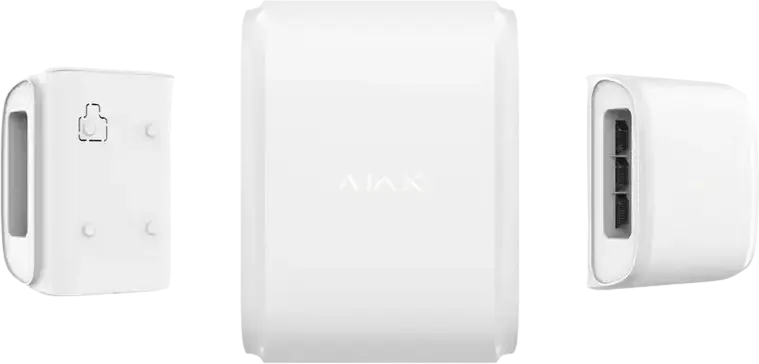 Senzor de mișcare exterior Ajax DualCurtain Outdoor, Detector de perete wireless, IP54, Raza 15m per side, Imunitate animale 80cm, Anti-masking, Alb