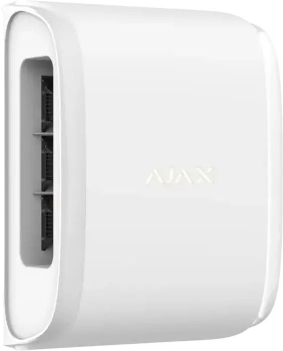 Senzor de mișcare exterior Ajax DualCurtain Outdoor, Detector de perete wireless, IP54, Raza 15m per side, Imunitate animale 80cm, Anti-masking, Alb