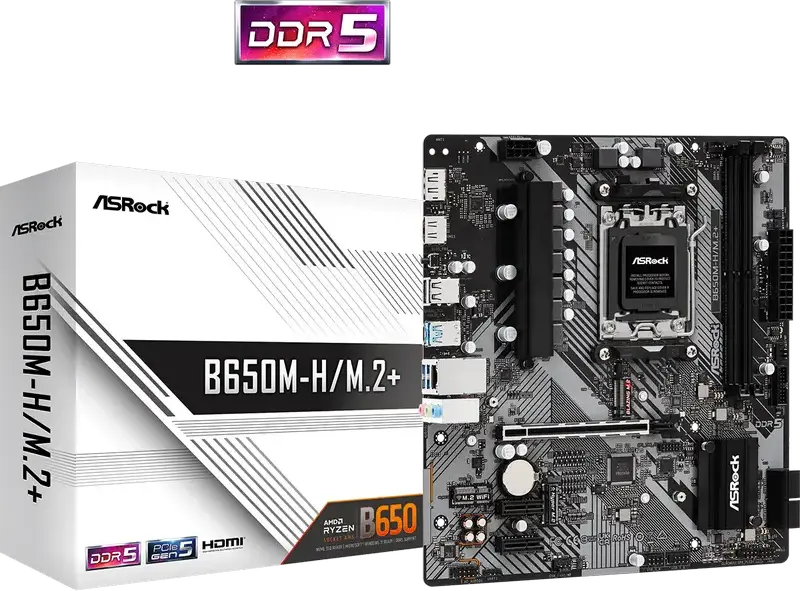 ASRock B650M-H/M.2+ Micro-ATX Motherboard, AMD AM5 Socket, B650 Chipset, DDR5 6400MHz, PCIe 5.0 M.2, Support Ryzen 9000/8000/7000, HDMI 2.1, DisplayPort 1.4