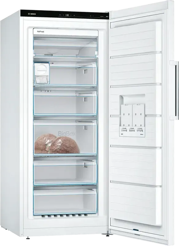 Congelator Vertical Bosch Serie 6 GSN51AWDV, No Frost, Capacitate Neta 290L, Clasa Energetică D, Alb, Display LED, SuperFreezing, 161x70x78 cm
