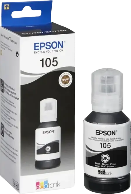 Epson 105 EcoTank Black Pigment Ink Bottle C13T00Q140, 140ml, 8000 Page Yield for Epson L7160 L7180 Printers