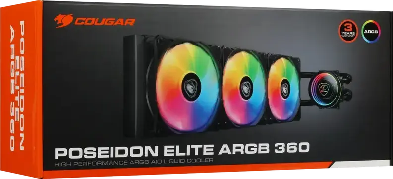 Cougar Poseidon Elite ARGB 360 AIO Liquid CPU Cooler, 360mm Aluminum Radiator, 3x 120mm PWM Fans, Infinity Mirror ARGB, 250W TDP, CGR-PSDELRGB-B-360