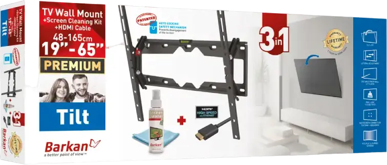Barkan CM310+ Tilt TV Wall Mount for 19-65 inch Screens, Metal Black, VESA up to 400x400mm, 50kg Capacity, with HDMI Cable and Cleaning Kit