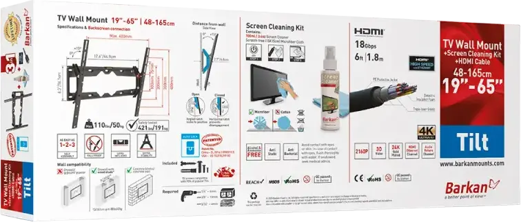 Barkan CM310+ Tilt TV Wall Mount for 19-65 inch Screens, Metal Black, VESA up to 400x400mm, 50kg Capacity, with HDMI Cable and Cleaning Kit