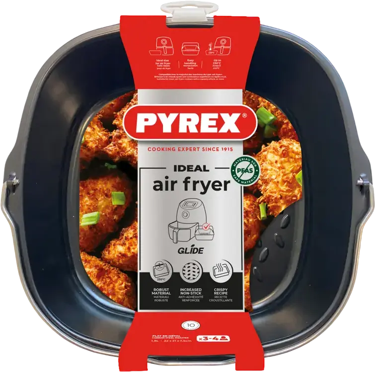 Квадратная форма для аэрогриля Pyrex AF22SR6, антипригарный поддон из углеродистой стали с ручкой, 22x21x7.5 см, 1.9 л, черный, до 230°C