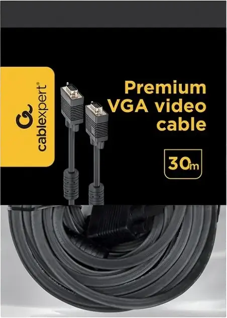 Cablexpert CC-PPVGA-30M-B VGA Video Cable 30m Black Gold-plated HD-15 D-Sub Male to Male OFC Double Shielded with Ferrite Cores