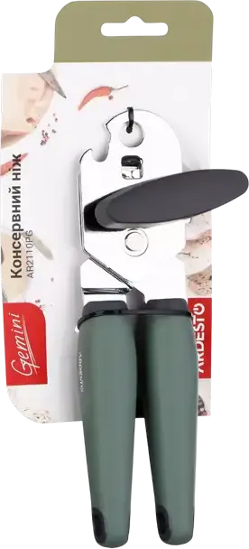 Ardesto AR2110PG Gemini Stainless Steel Can and Bottle Opener, Soft-touch Rubberized Plastic Handle, Gray-green, 18.5 x 5.5 x 5 cm