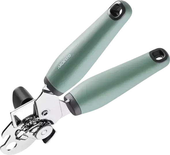 Ardesto AR2110PG Gemini Stainless Steel Can and Bottle Opener, Soft-touch Rubberized Plastic Handle, Gray-green, 18.5 x 5.5 x 5 cm