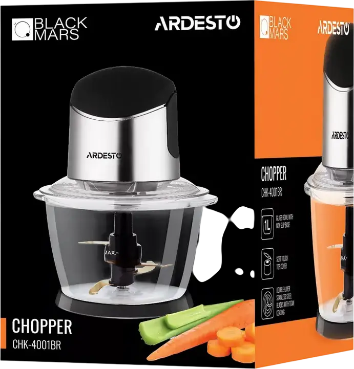 Ardesto CHK-4001BR Stationary Food Chopper, 400W Motor with Overheat Protection, 1L Glass Bowl, Titanium Coated Stainless Steel Blades, Black/Silver