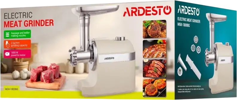 Ardesto MGK-1800BG Meat Grinder, 1800W, 2 kg/min, Stainless Steel Knives and 3 Discs, Reverse Function, Overload Protection, Beige-Silver