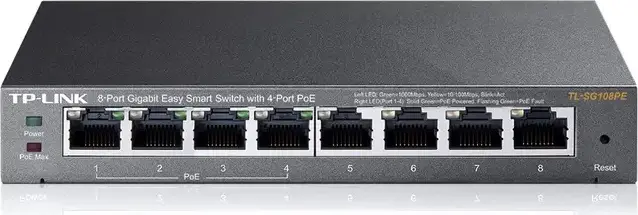 TP-Link TL-SG108PE 8-Port Gigabit Easy Smart Switch, 4-Port PoE+ 64W Budget, VLAN, QoS, IGMP Snooping, Metal Casing, Fanless, Black
