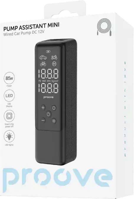 Compresor Portabil Proove Pump Assistant Mini, Pompa Auto 85W 12V DC cu Afișaj Digital LED, Presiune Maxima 3.5 Bar, Oprire Automata Inteligentă, Negru