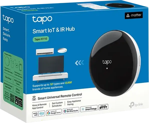 TP-Link Tapo H110 Hub Smart IR & IoT, Certificare Matter, Sirenă 93dB, Wi-Fi 2.4GHz, Control pentru peste 8000 de branduri IR, Compatibil Alexa Google Siri, Alb