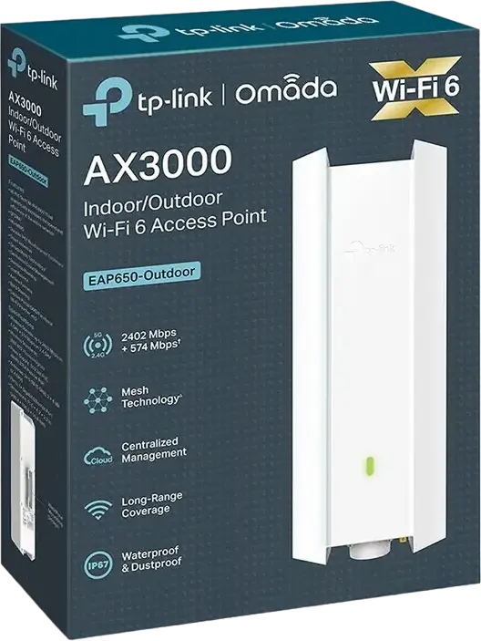 TP-Link EAP650-Outdoor AX3000 Wi-Fi 6 Access Point, Dual-Band 3000 Mbps, IP67 Weatherproof, Omada Mesh, PoE 802.3at, MU-MIMO, OFDMA, White